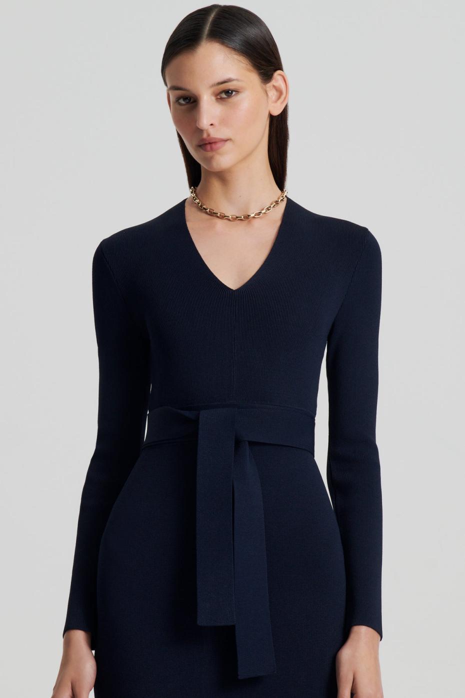 Dresses | Women Scanlan Theodore CREPE KNIT LONG SLEEVE V NECK DRESS Navy
