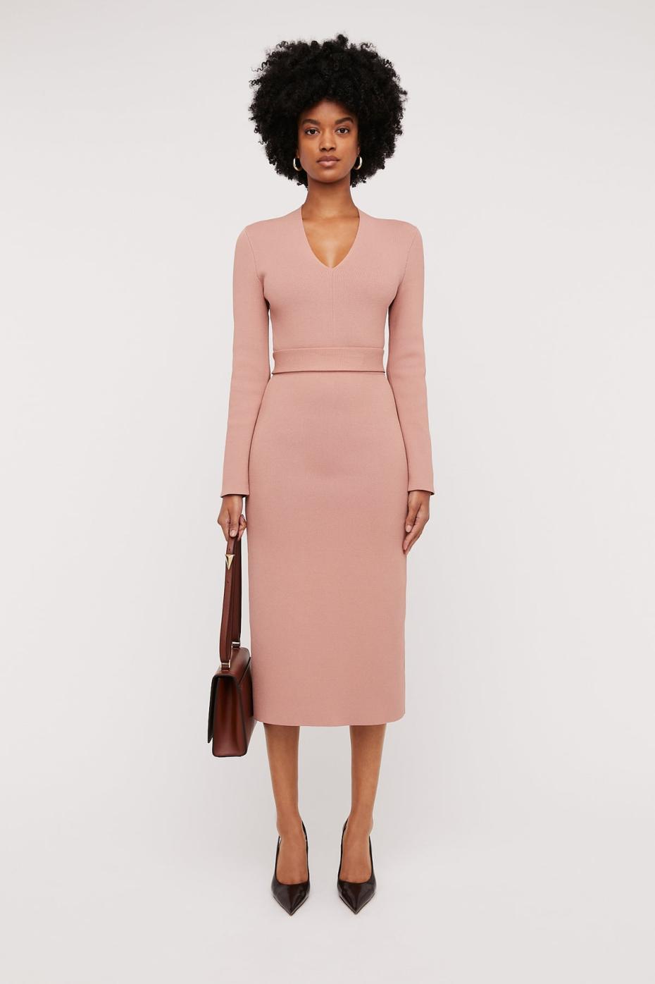 Dresses | Women Scanlan Theodore CREPE KNIT LONG SLEEVE V NECK DRESS Powder