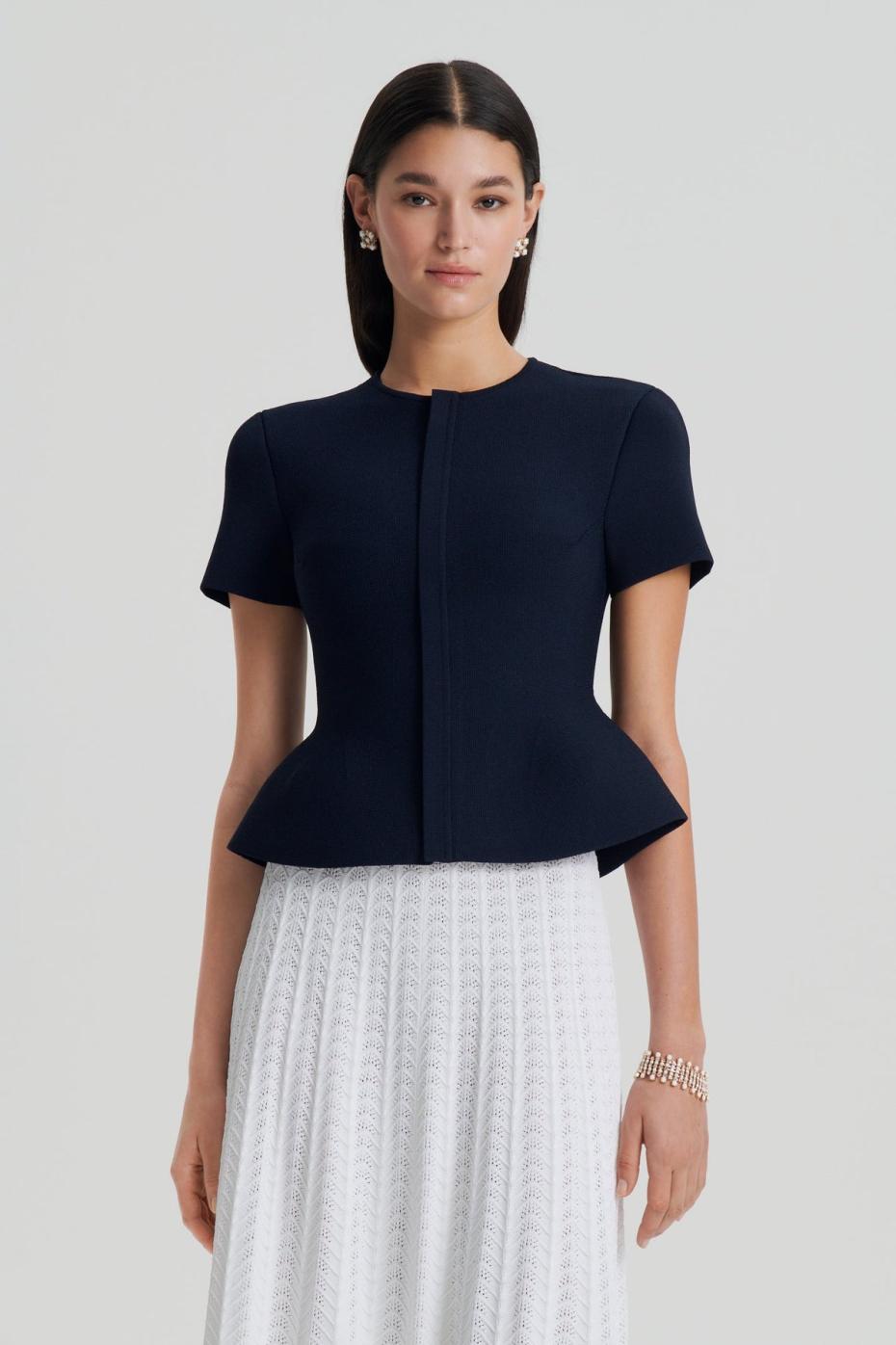 Jackets | Women Scanlan Theodore CREPE KNIT SHORT SLEEVE PEPLUM JACKET Navy