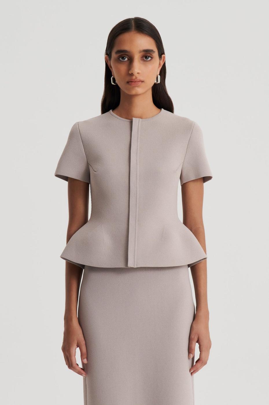 Jackets | Women Scanlan Theodore CREPE KNIT SHORT SLEEVE PEPLUM JACKET Oyster