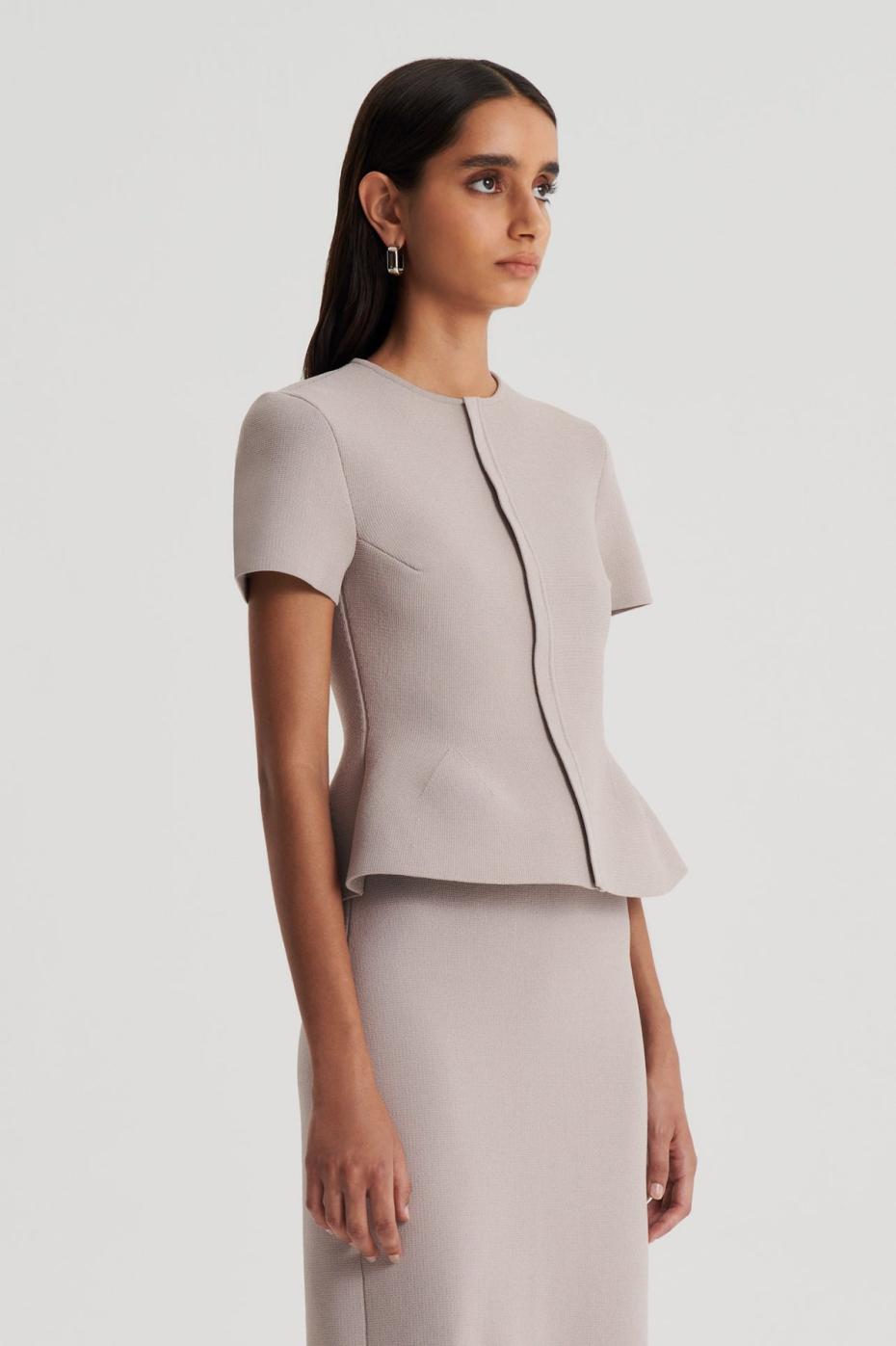 Jackets | Women Scanlan Theodore CREPE KNIT SHORT SLEEVE PEPLUM JACKET Oyster