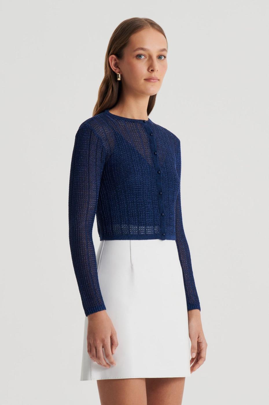 Knitwear | Women Scanlan Theodore METALLIC KNIT CROP CARDIGAN Navy