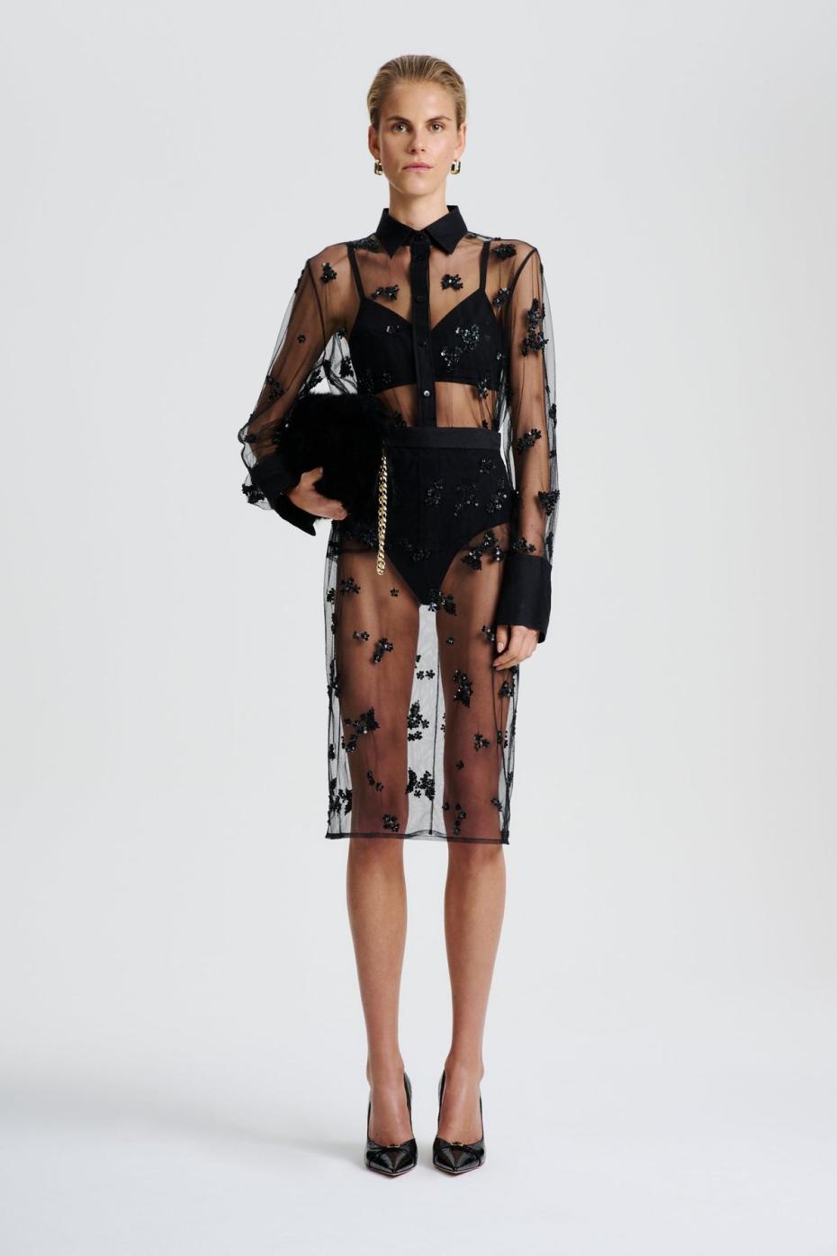 Skirts | Women Scanlan Theodore BEADED TULLE PENCIL SKIRT Black