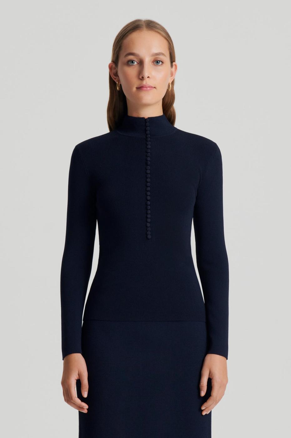 Sweaters | Women Scanlan Theodore CREPE KNIT BUTTON POLO SWEATER Navy