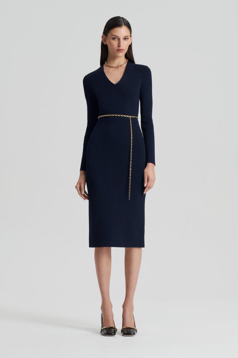 Dresses | Women Scanlan Theodore CREPE KNIT LONG SLEEVE V NECK DRESS Navy
