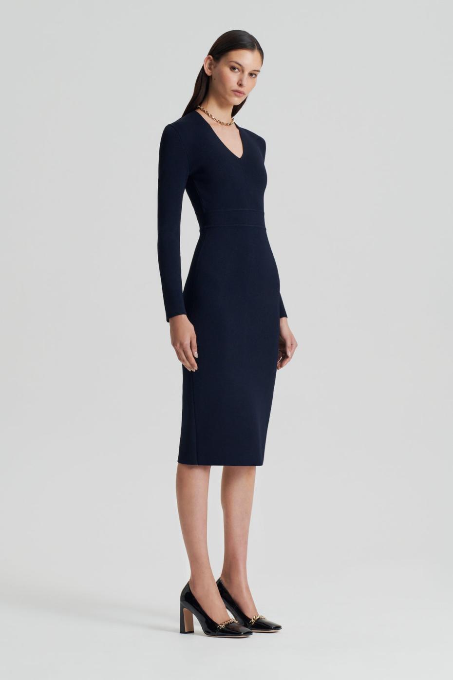 Dresses | Women Scanlan Theodore CREPE KNIT LONG SLEEVE V NECK DRESS Navy