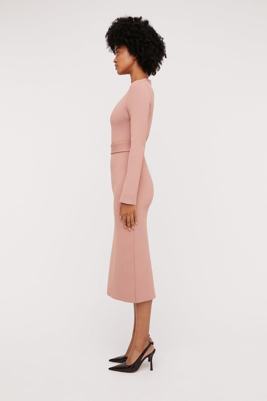 Dresses | Women Scanlan Theodore CREPE KNIT LONG SLEEVE V NECK DRESS Powder
