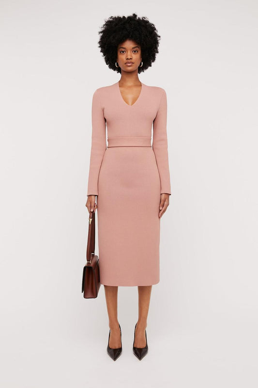 Dresses | Women Scanlan Theodore CREPE KNIT LONG SLEEVE V NECK DRESS Powder