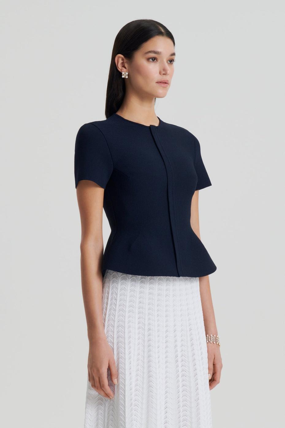 Jackets | Women Scanlan Theodore CREPE KNIT SHORT SLEEVE PEPLUM JACKET Navy