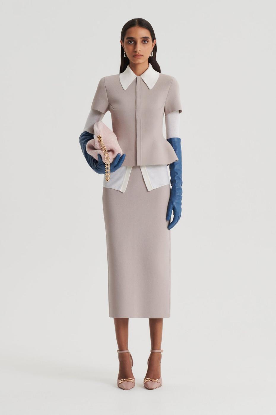 Jackets | Women Scanlan Theodore CREPE KNIT SHORT SLEEVE PEPLUM JACKET Oyster