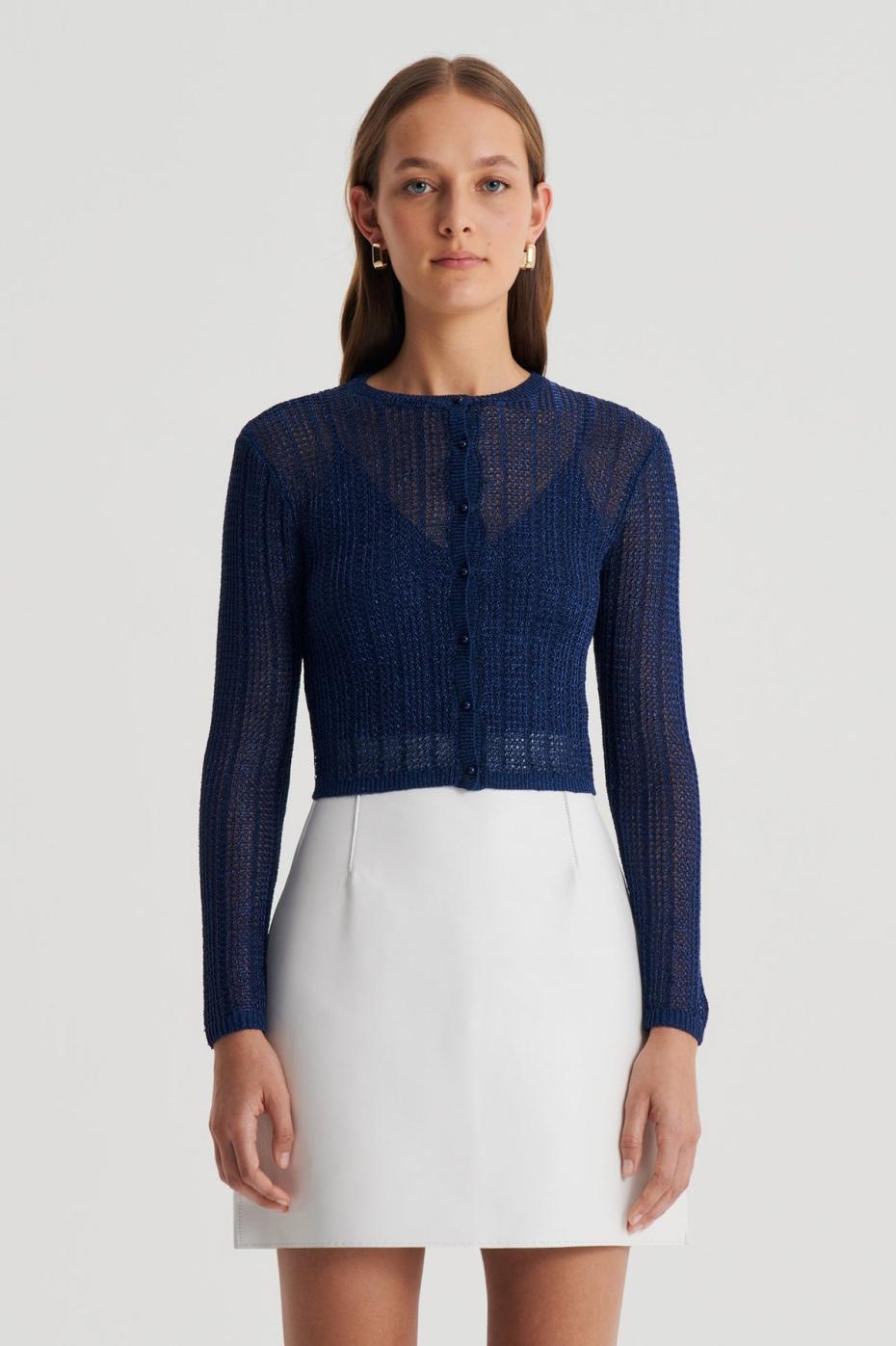 Knitwear | Women Scanlan Theodore METALLIC KNIT CROP CARDIGAN Navy