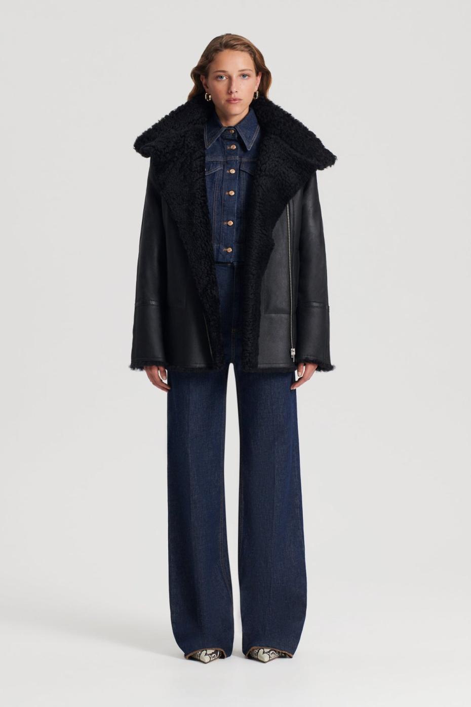 Leather | Women Scanlan Theodore SHEARLING TRAPEZE JACKET Black