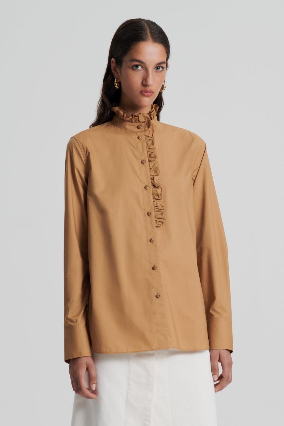 Shirts | Women Scanlan Theodore PARACHUTE RUFFLE TRIM SHIRT Camel