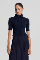Tops | Women Scanlan Theodore CREPE KNIT CROP SHIRT Navy