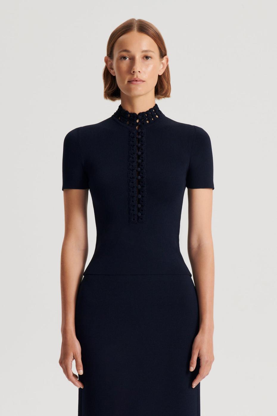 Tops | Women Scanlan Theodore CREPE KNIT DAISY SHORT SLEEVE TOP Navy